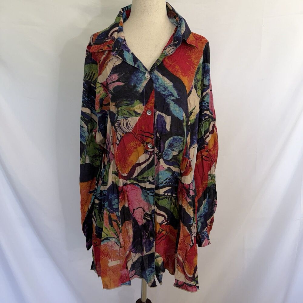 John Mark Colorful Blouse Top Large Abstract Button Down Lagenlook Artsy Tunic